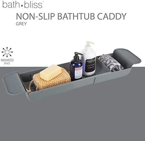 Buth Bliss Caddy Athtub Caddy | ללא החלקה | מעל האמבט | 21-27 אינץ '| מגש אמבטיה | אחסון אמבטיה ומארגן | מדף | החזק סבונים ומגבות | אפור
